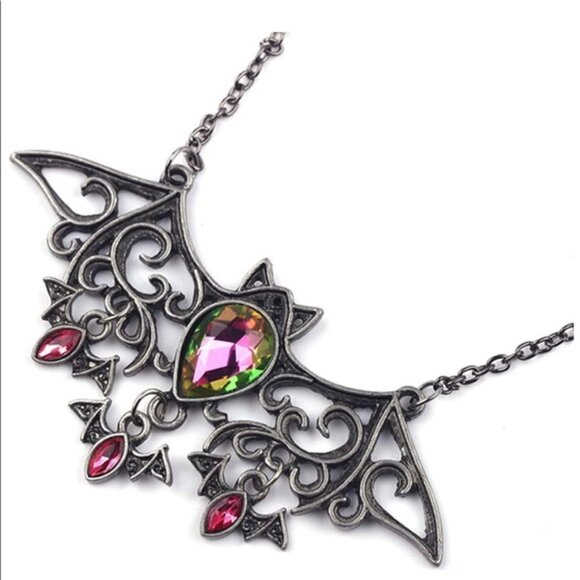 Gothic Bat Pendant Necklace, Mother with Baby Bats, Halloween Vampire, Crystals - Picture 7 of 10